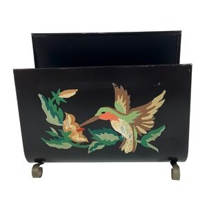 Vintage Metal Hummingbird Letter Holder Hand Painted Black Napkin Stand Desk 6in